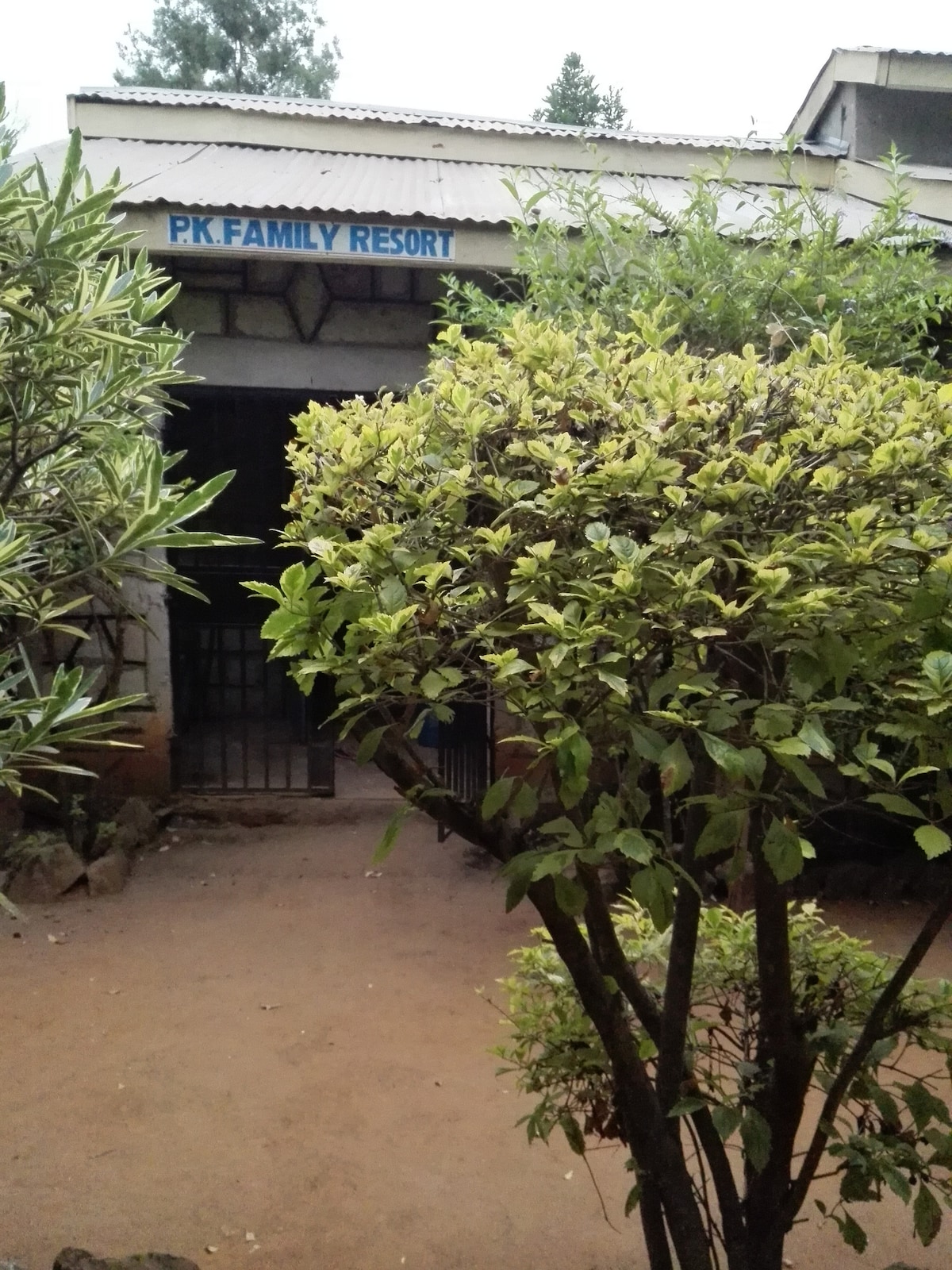The entrance of PK Family Resort is framed by lush greenery, featuring low shrubs and trees. The welcoming sign is visible above the doorway, indicating the facility's name and inviting guests. Natural elements enhance the serene atmosphere of this secluded location.