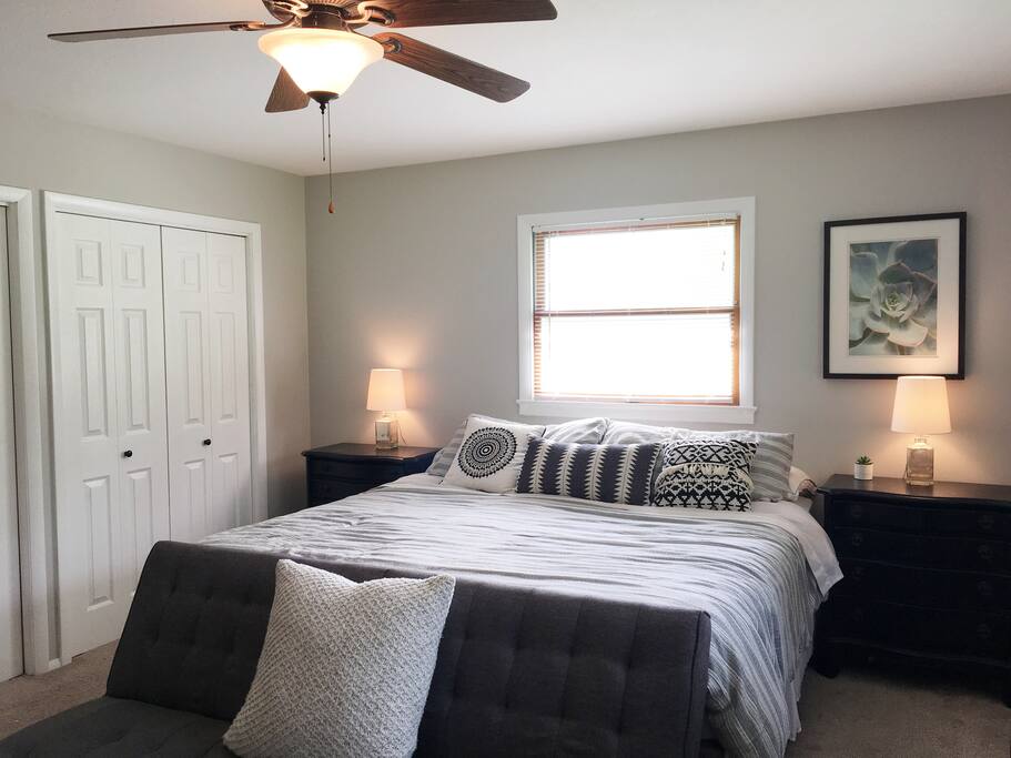 Large Master bedroom; King bed, electric fireplace, wall-mounted tv (Hulu, NetFlix, HBO), private bath.