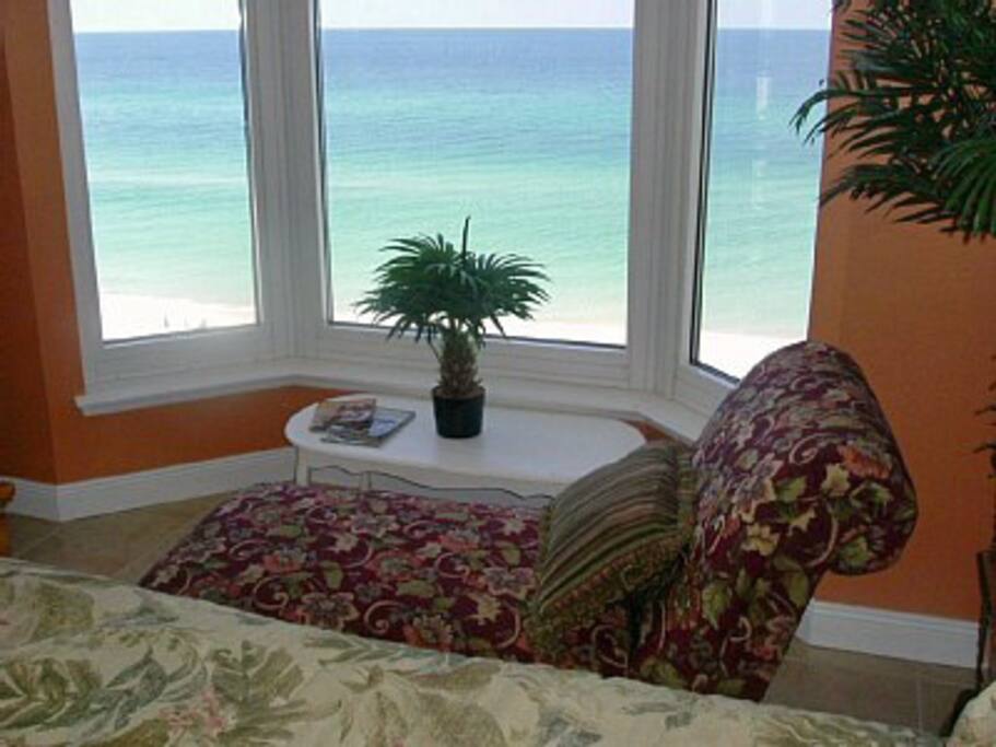 Ceiling to floor Bay Window view of Gulf of Mexico from Master Bedroom.