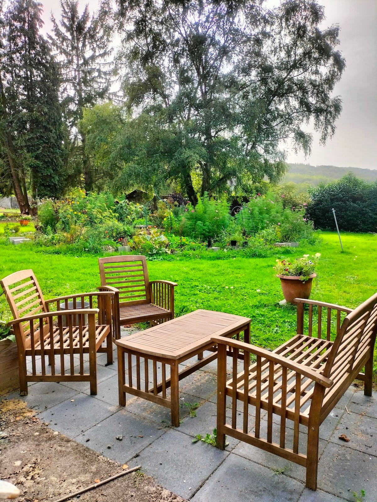 A small terrace area features four wooden chairs surrounding a rectangular table. The space is set against a backdrop of a lush garden filled with various green plants and foliage, creating a serene outdoor environment.