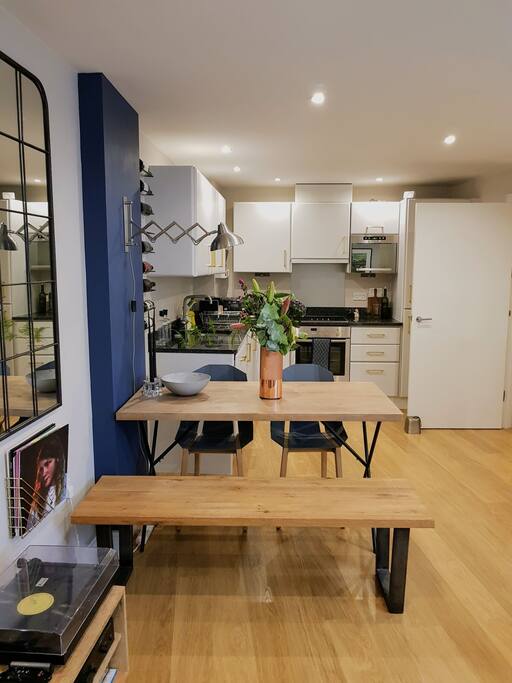 The dining area and kitchen