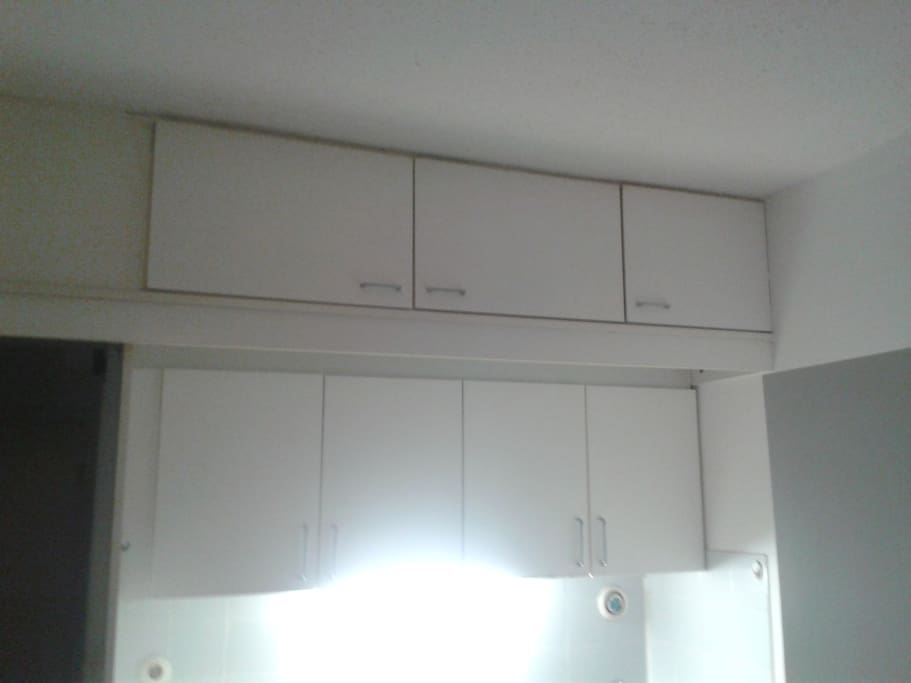 kitchen and cupboard, fridge.