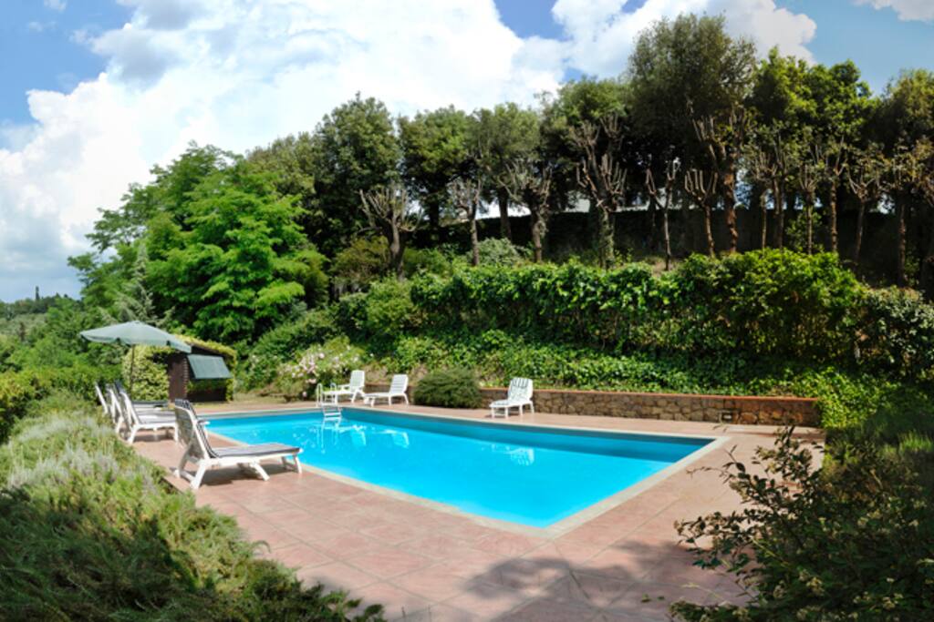 Relaxing swimming pool with sun beds located just 50 meters from the house at the border with the refreshing private wood.