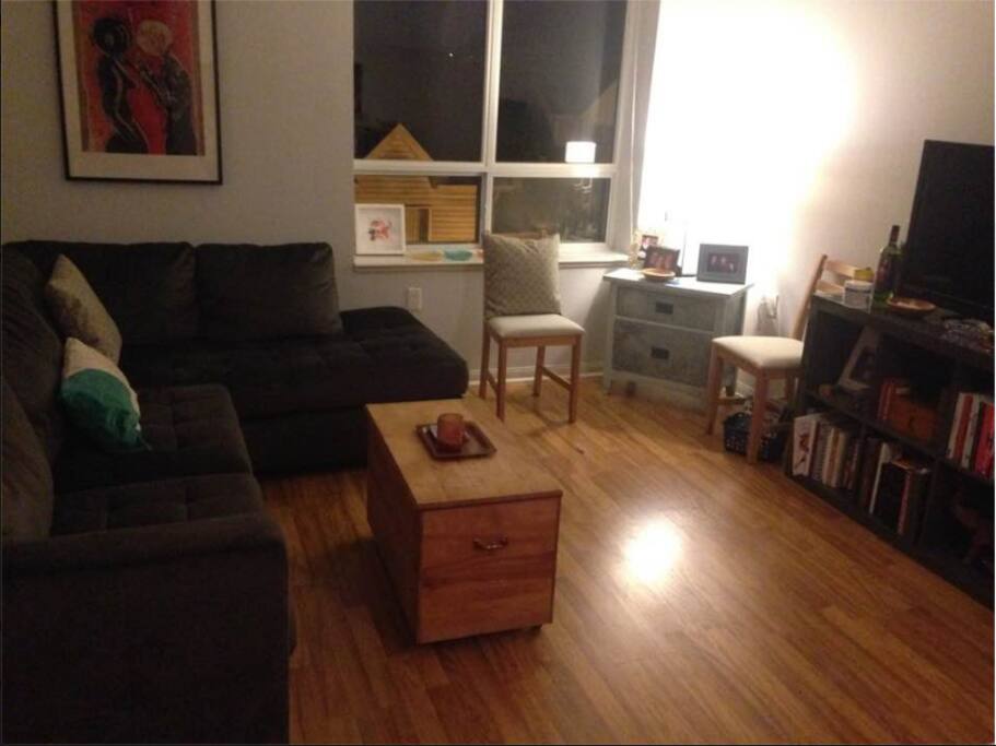 Living Room. Your bed is a double pull-out mattress from the sofa.