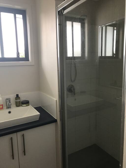 Bathroom, shower, vanity and WC