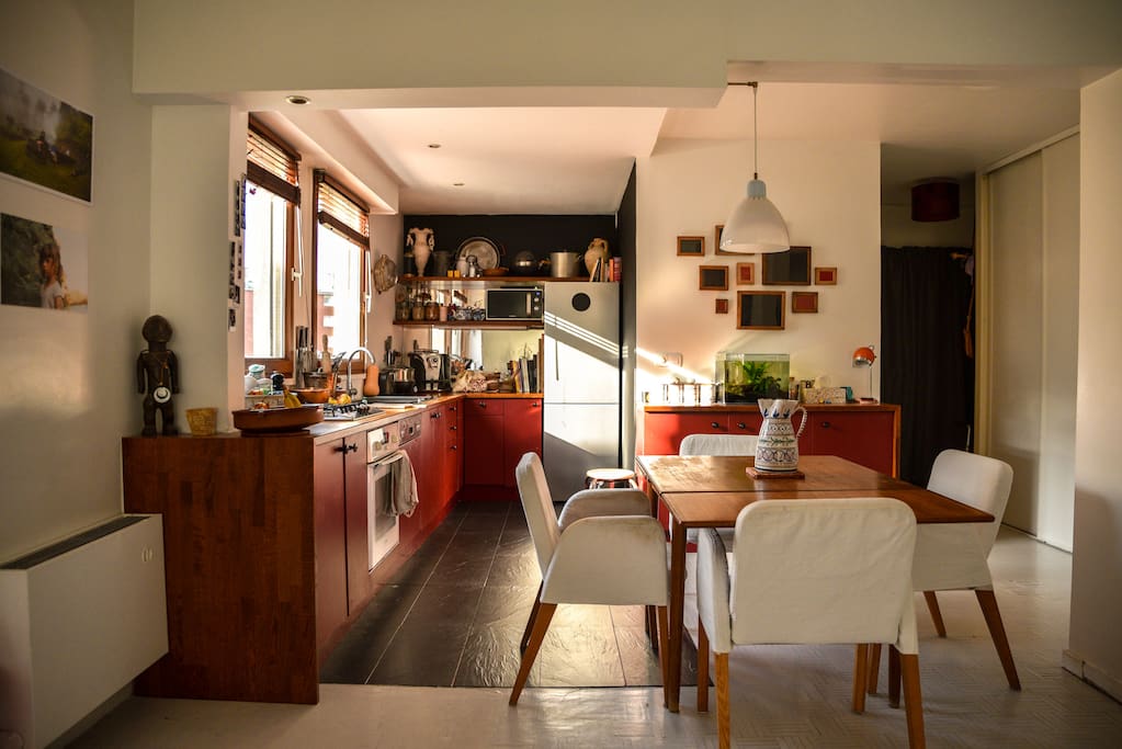 a sunny kitchen nearby the main entrance