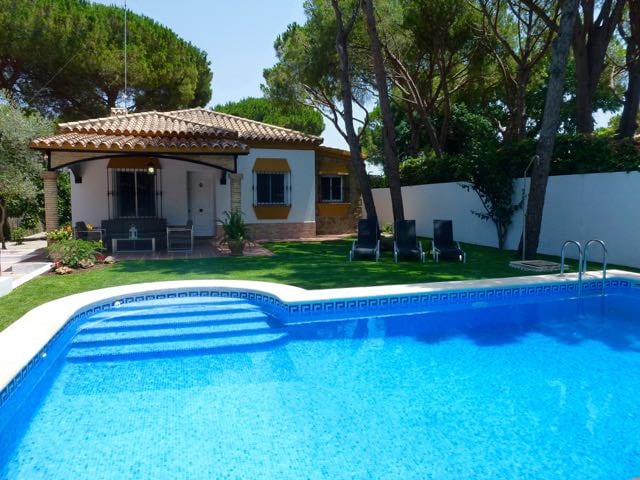 A private pool is visible in the foreground, surrounded by a well-manicured lawn. The villa features large windows with shutters, blending into the lush greenery of pine trees. A covered terrace with outdoor seating is located next to the pool for relaxation.