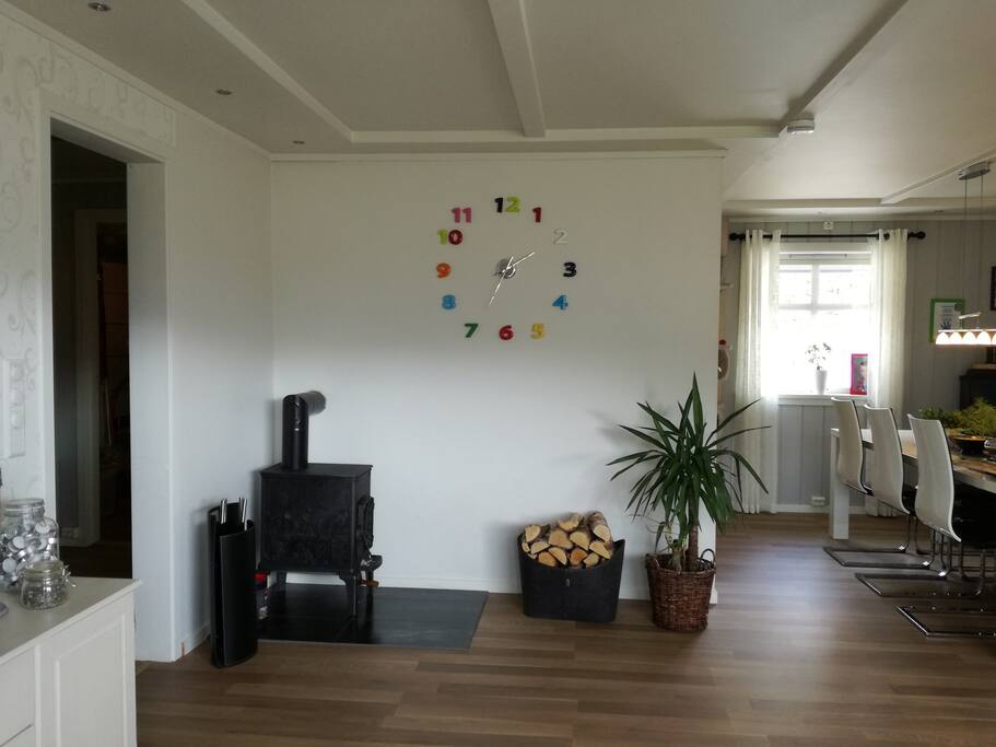 Stue med vedovn,varmepumpe og spisebord til 8.