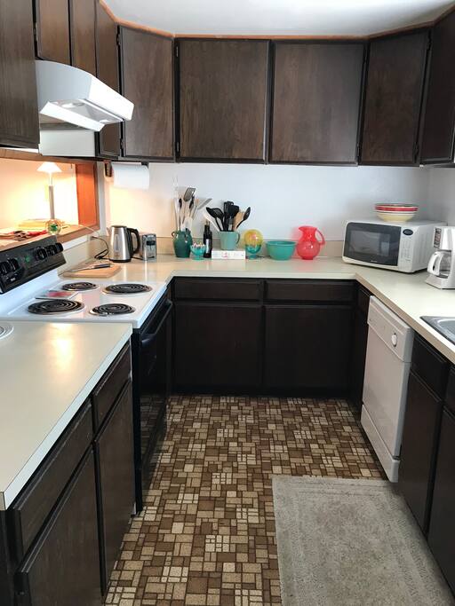 Make a nice meal in the full kitchen.
