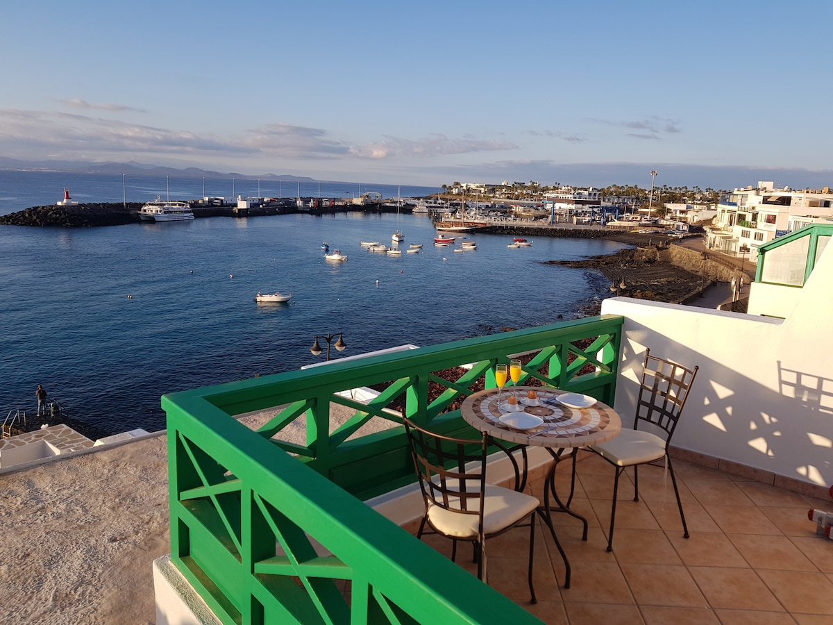 A spacious terrace is depicted with a table and two chairs, overlooking a scenic harbor filled with fishing boats. The vibrant green railings frame the area, enhancing the view of the shoreline and distant landscape under a clear sky.