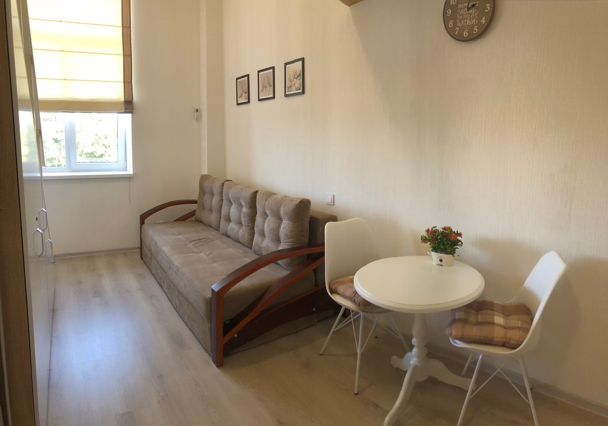 A simple living area features a brown sofa bed with wooden arms, complemented by a small round white table and two white chairs. Natural light enters through a window with a partial shade, and framed pictures adorn the wall above the sofa.