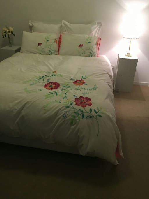 Clean bed, linen and large room
