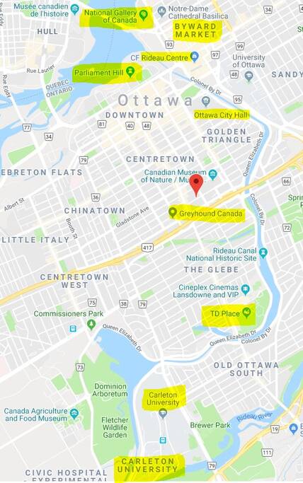 Yellow square marks your downtown Ottawa reservation location on Argyle Ave at Bank Street. Renovated bachelor Near transportation, buses 1, 5 and 7 Close to Train and the Ottawa Central Bus Stations. Exterior and interior parking available. Camera security system. Electronic key entry system.