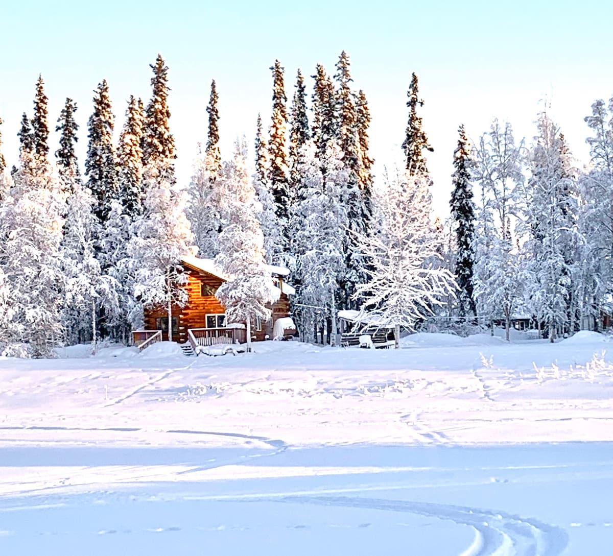 A rustic log cabin is nestled among snow-covered trees, with a backdrop of towering evergreens. The scene showcases a serene winter landscape, with fresh snow blanketing the ground and the cabin exuding a cozy warmth under the soft morning light.