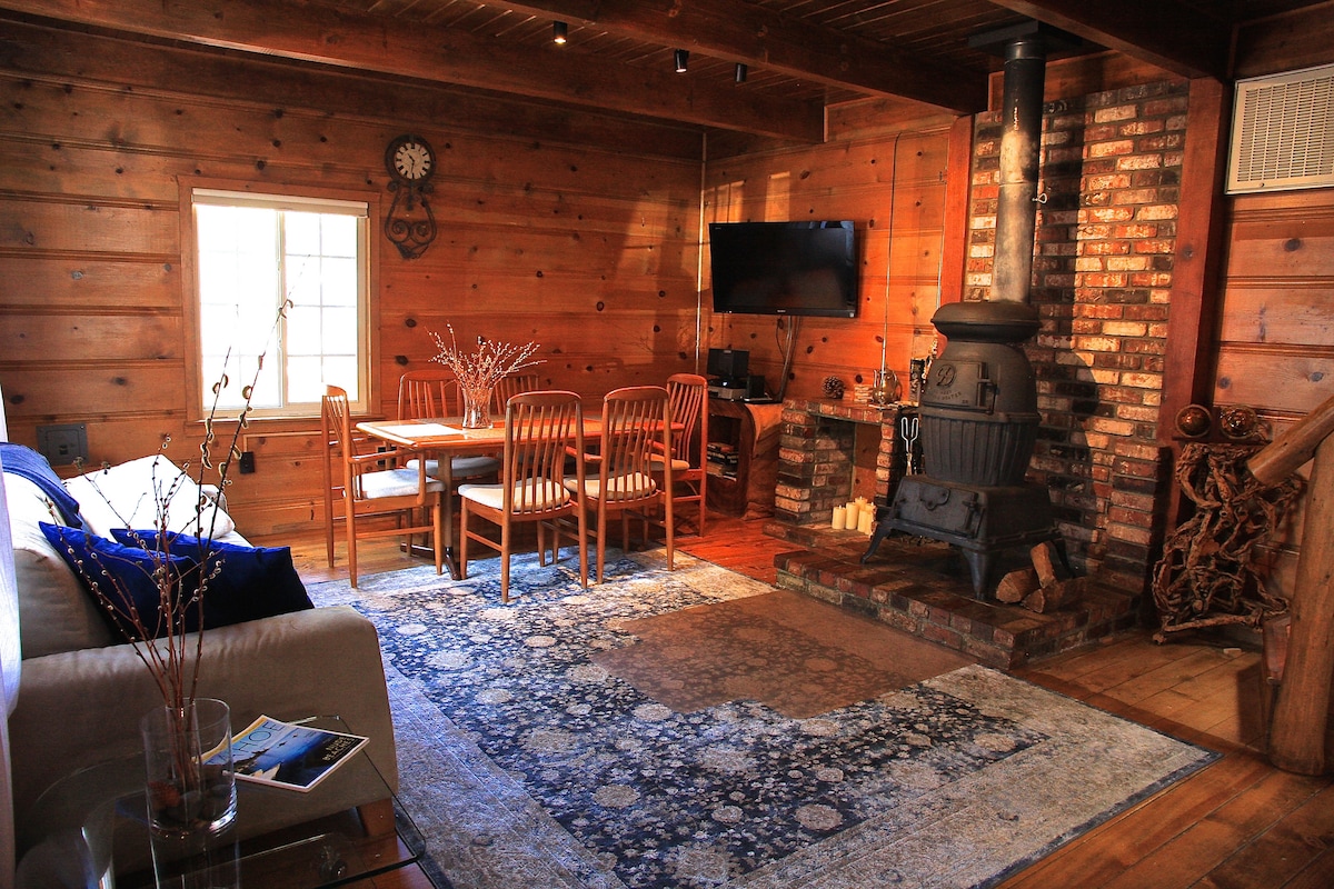 A cozy living and dining area is presented with wooden walls and beams. A rustic wood stove and a flat-screen TV are positioned by the dining table, which accommodates six wooden chairs. A large area rug adds texture to the hardwood floor, complemented by natural light from the window.