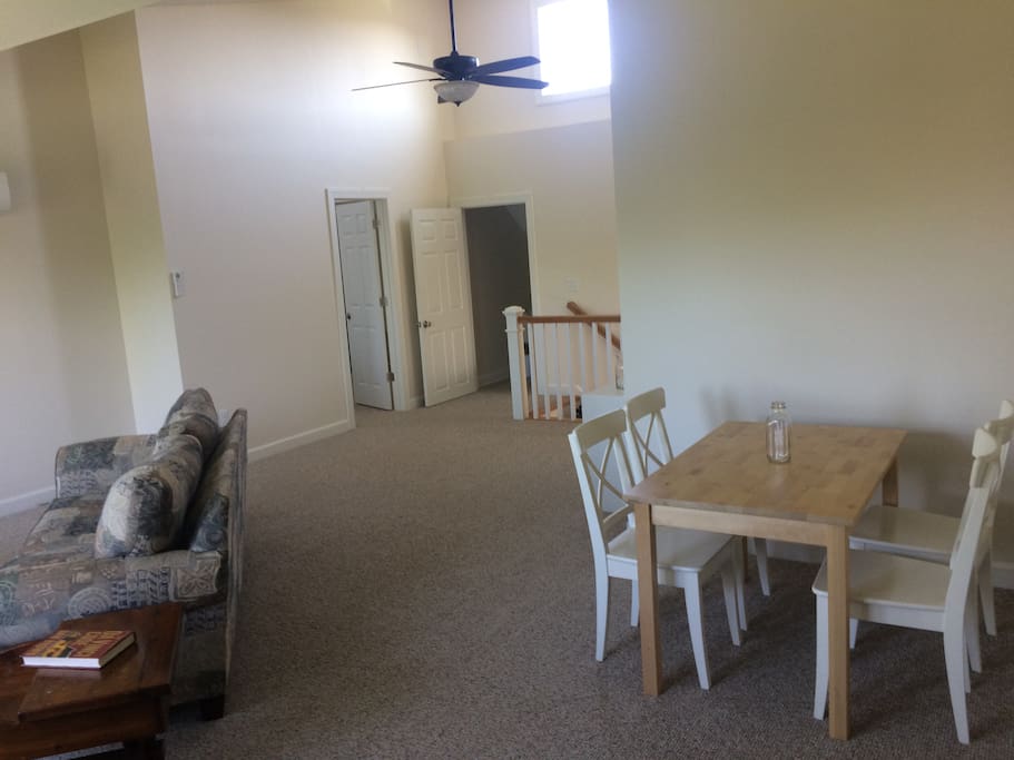 View toward bathroom, inside stairs and queen bedroom.