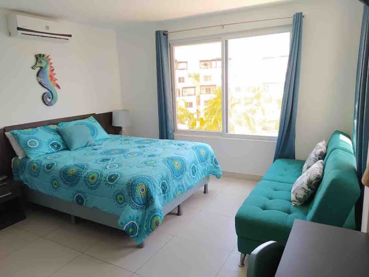 Главна спална соба, со брачен кревет (широк 150-179 см), кауч на спуштање, паметен телевизор со WIFI, клима уред, работен простор и приватна бања