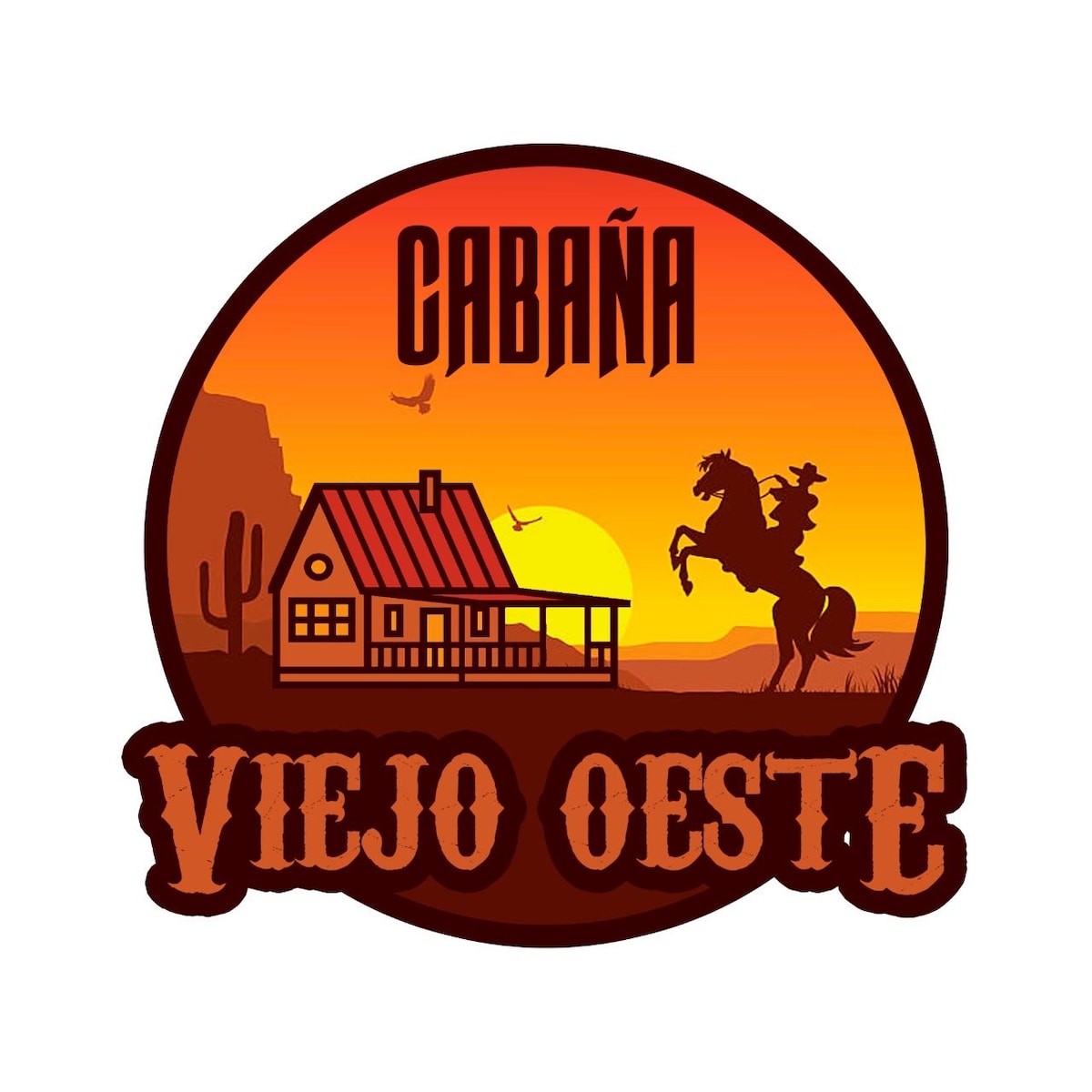 A circular logo features a rustic cabin set against a sunset backdrop with vibrant orange and yellow hues. Silhouettes of a cowboy on horseback and desert cacti add to the western theme, while the name 'Cabaña Viejo Oeste' is prominently displayed at the top.