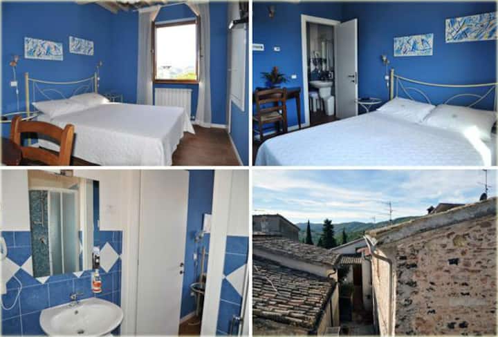 Dvokrevetna plava soba s privatnom kupaonicom i klima-uređajem