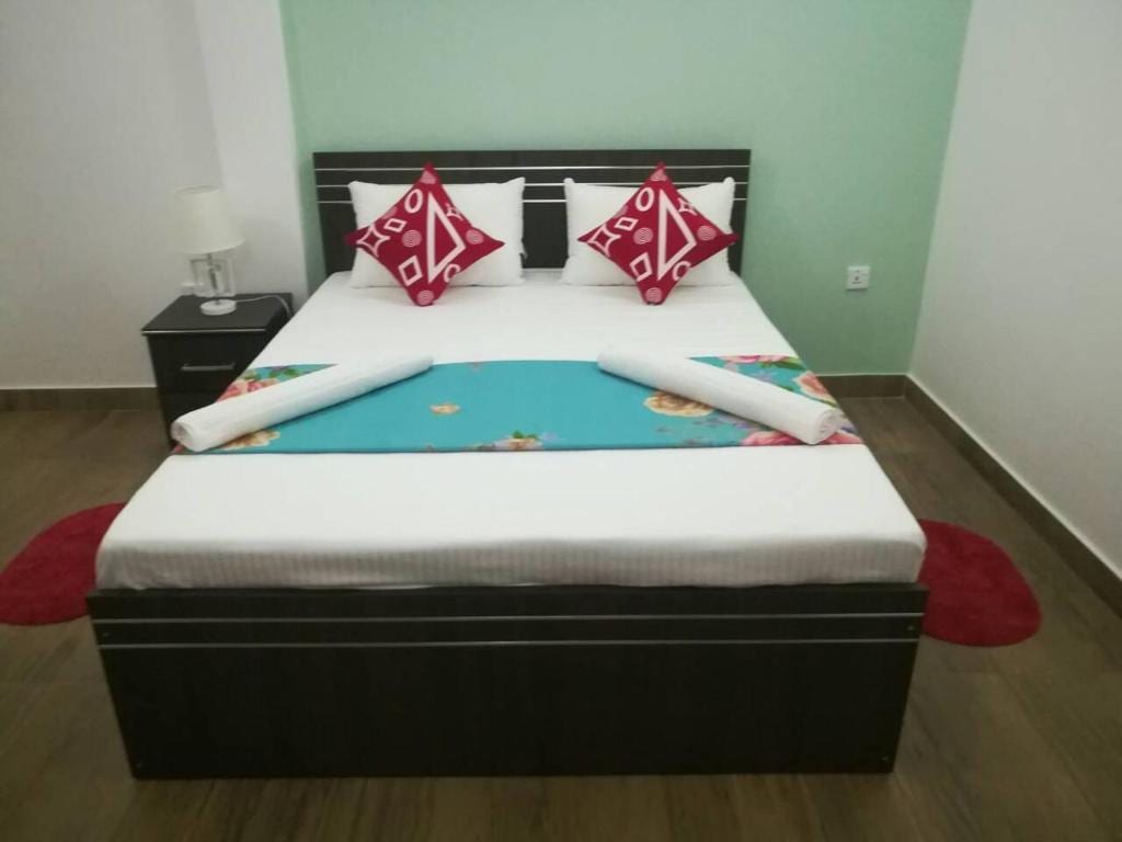 A cozy sleeping area is presented with a spacious bed featuring colorful accent pillows. A light blue decorative blanket is draped across the center. Flanking the bed, a bedside table holds a lamp, and soft red rugs add a touch of color to the wooden floor.