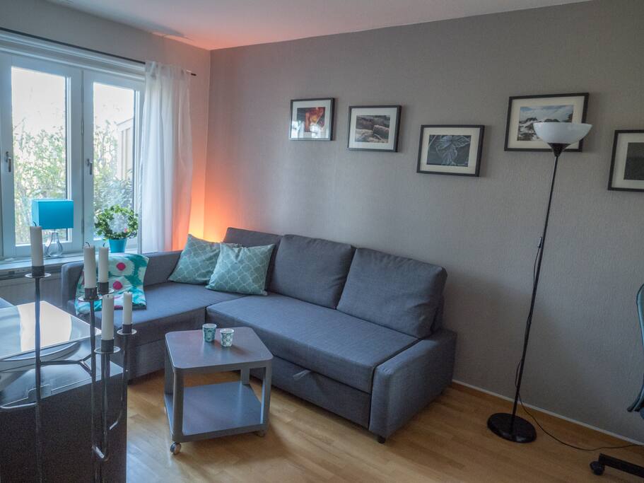 View from the entrance to the room, sofa that extends to a full 140cm bed