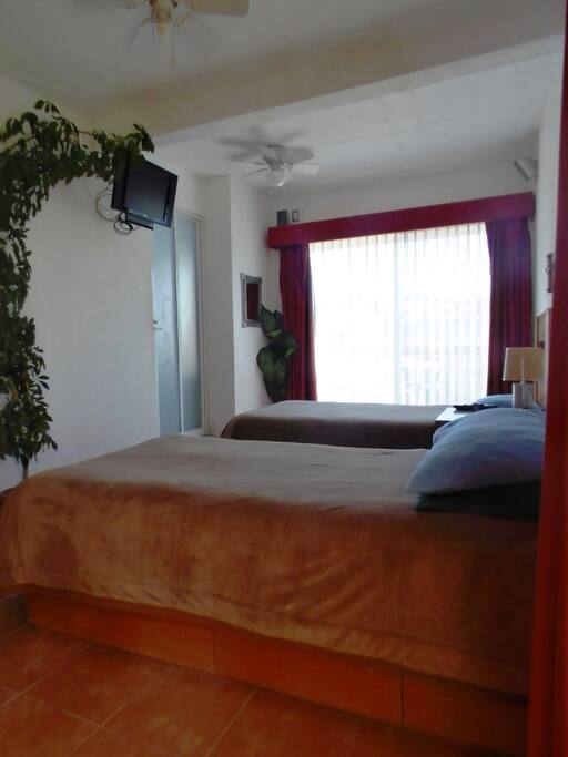 Habitación Doble, Camas Individuales, con Baño Completo, Cable TV, Tocador, Estéreo, Ventilación y Balcón.