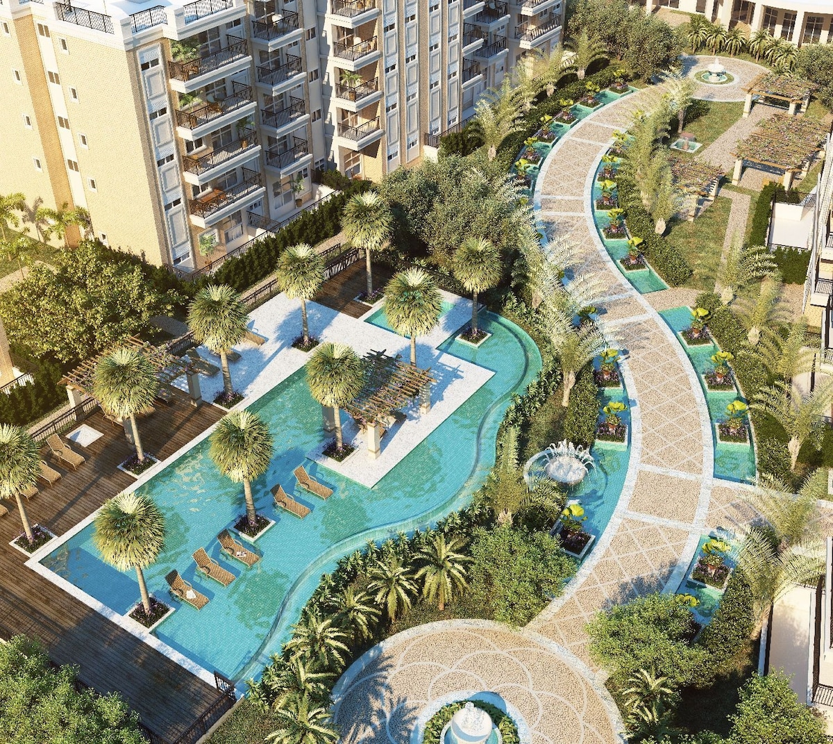 A well-designed outdoor pool area is surrounded by lush greenery. The layout features winding paths, seating areas with lounge chairs, and various swimming pools. Palm trees are positioned throughout, providing shade and a relaxed atmosphere. Decorative elements and landscaped gardens are visible.