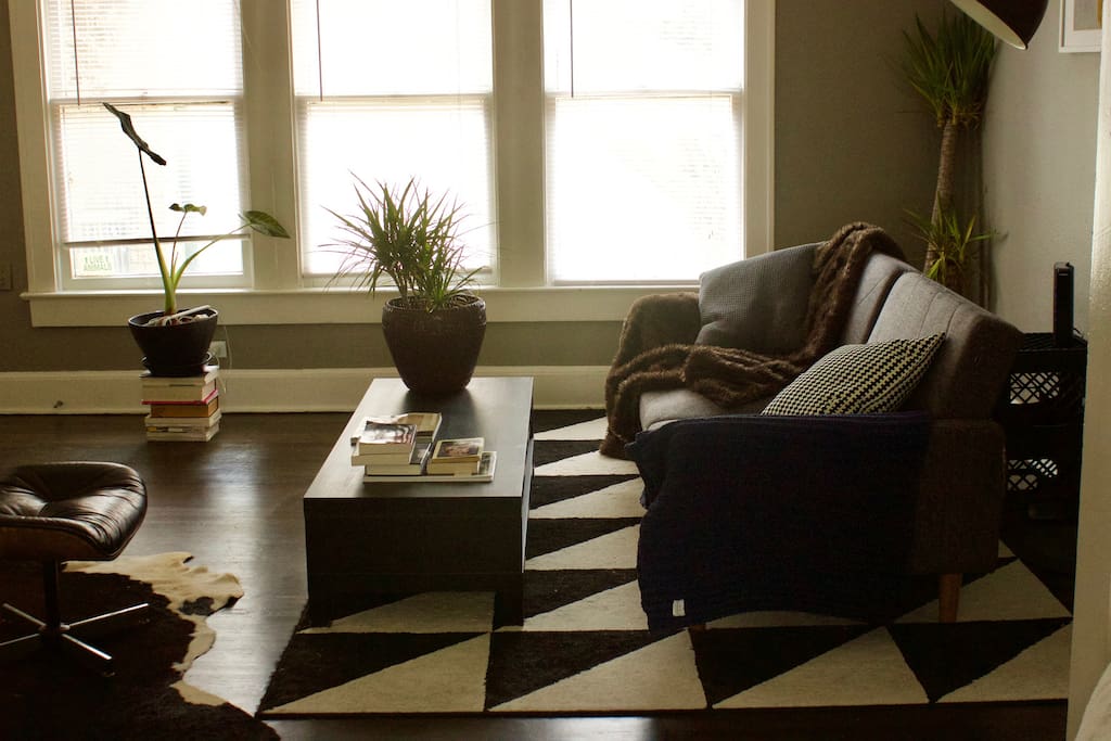 Another shot of living room with plants and coffee table