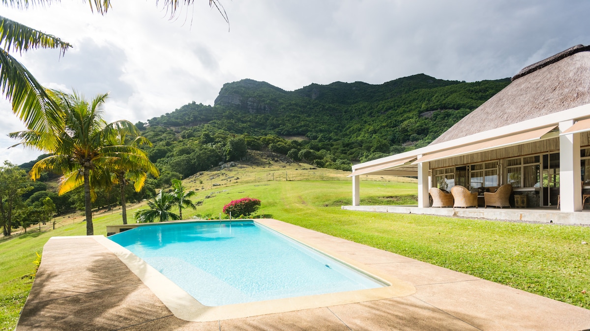 A private outdoor pool is bordered by a spacious patio, set against lush greenery and the backdrop of a mountain. Palm trees gently sway in the breeze, while the lodge's open design allows for a seamless connection between indoor and outdoor spaces.