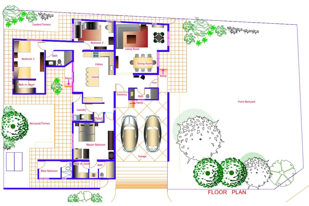 Floor Plan - 3 Bedrooms - 3 Full Baths - Living Room -Dining Room - Laundry - Double Closed Garage - 3 Terraces