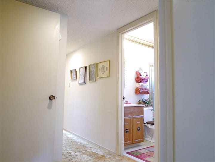 חדר רחצה מלא כפי שניתן לראות מהדלת של חדר שינה קדמי קטן.