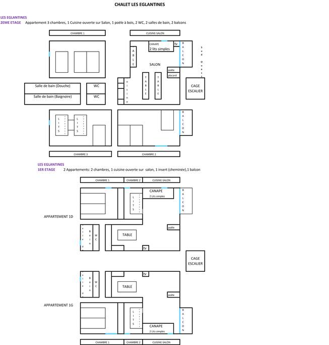 Disposition des chambres et pièces du chalet Les Eglantines (3 appartements)