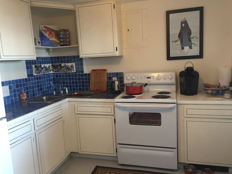 kitchen has a full-size stove and refrigerator and double sink