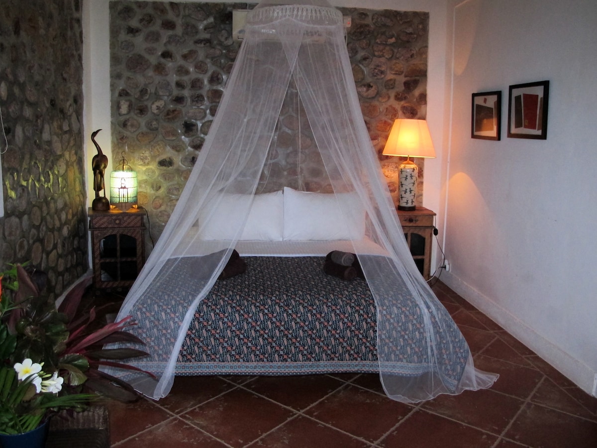 A spacious bed is draped with a sheer canopy, providing a serene sleeping area. Textured stone walls complement a terracotta floor. A bedside table, adorned with a decorative lamp, offers soft illumination, while framed artwork adds interest to the wall.