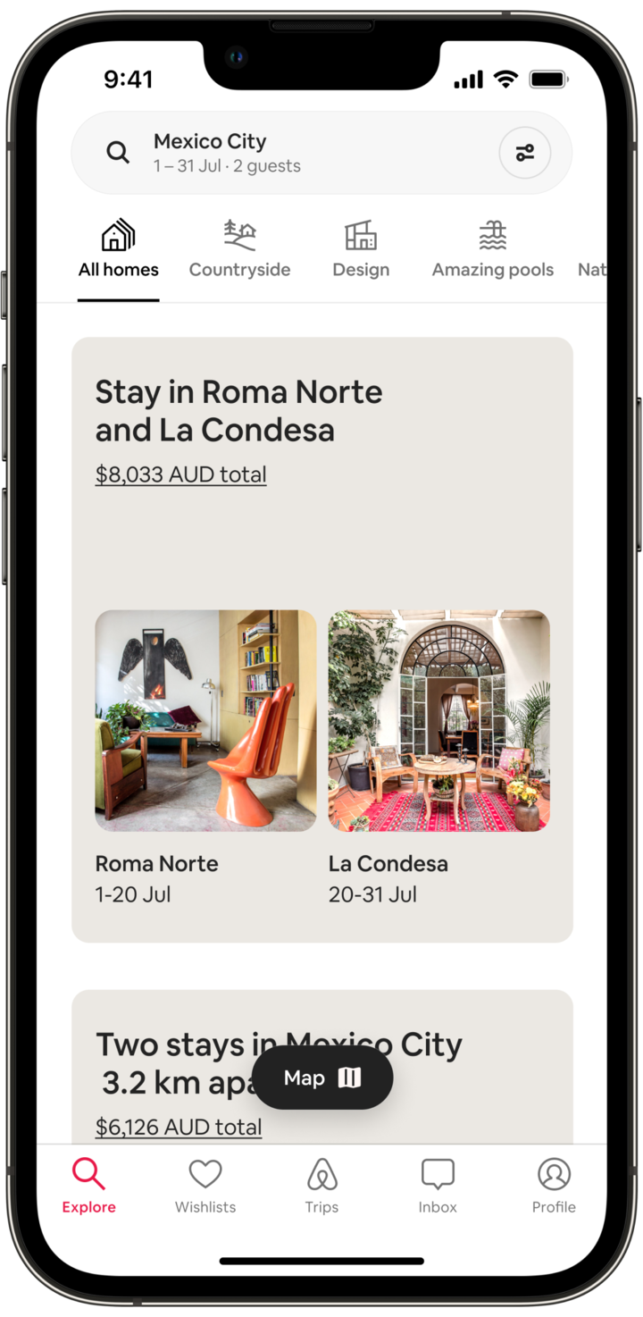 The screen of a mobile phone shows a Split Stay. The screen says 'Stay in Roma Norte and La Condesa', the price of the trip and images of two bright, colourful—but different—patio spaces in Mexico City. Below there is a button labelled 'Map'.