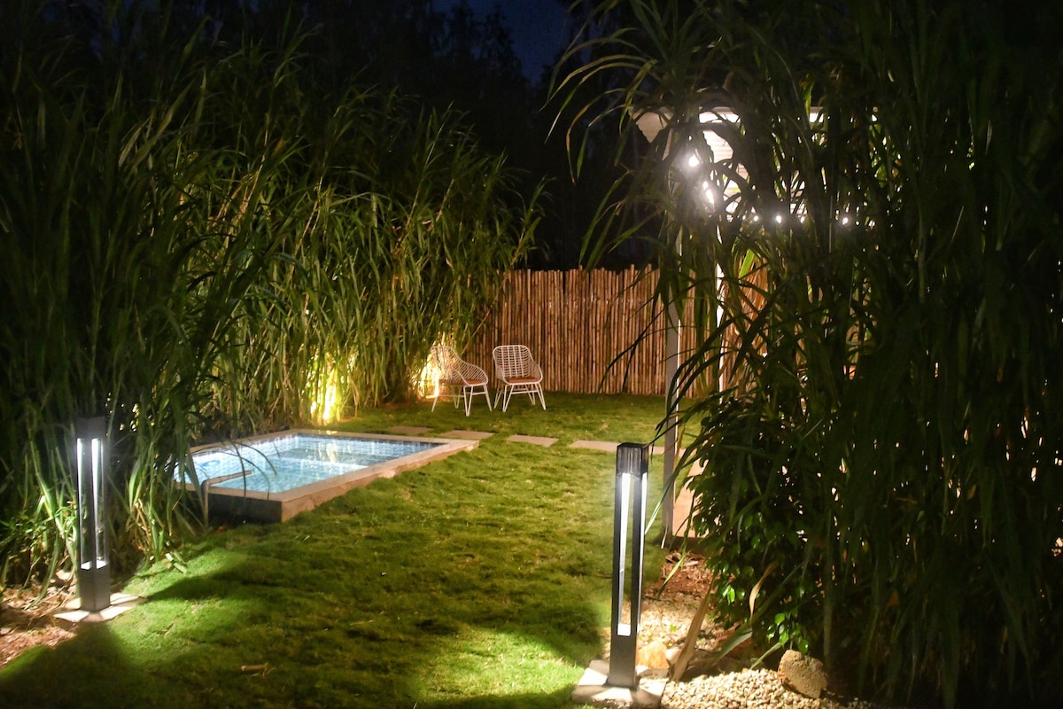 A private plunge pool is set amidst lush greenery, illuminated by soft lighting. Two outdoor chairs are positioned nearby on a manicured lawn, providing a serene space for relaxation. A wooden fence encloses the area, enhancing a sense of privacy.