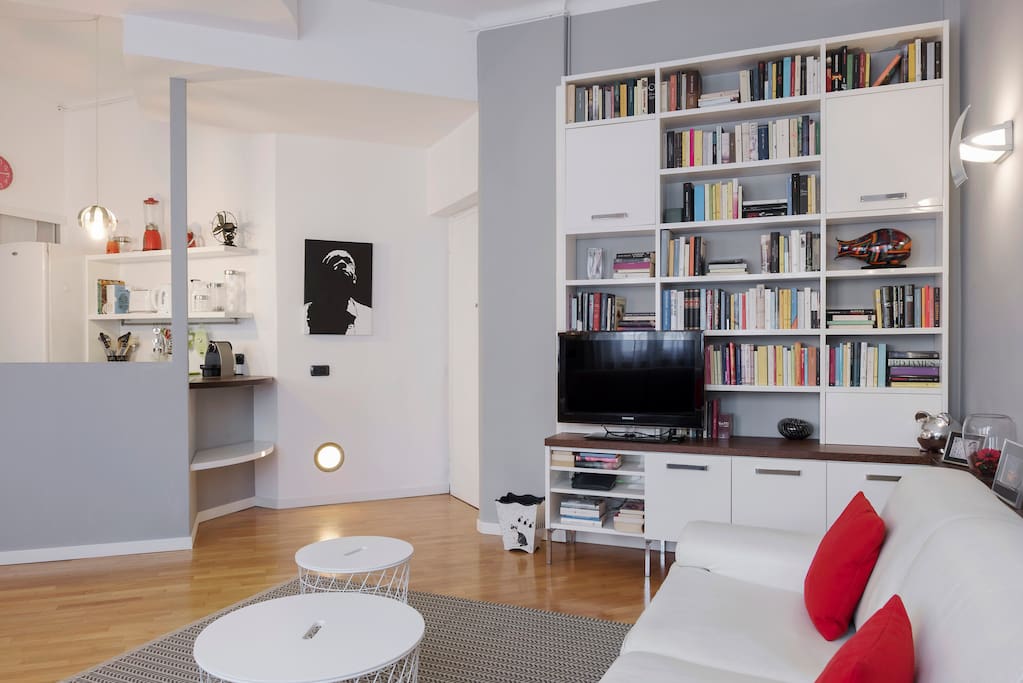 The living room (spacious bed sofa x2, TV, AC)
