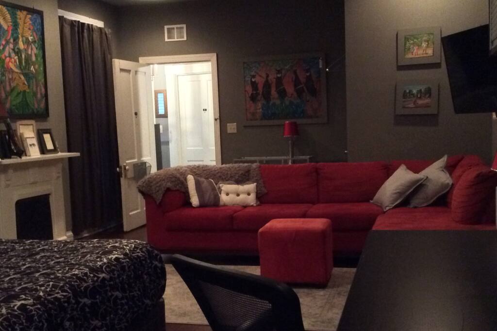 Downtown Suite with Private Bath and Laundry, large screen tv, desk, beverage cooler, personal safe and work station