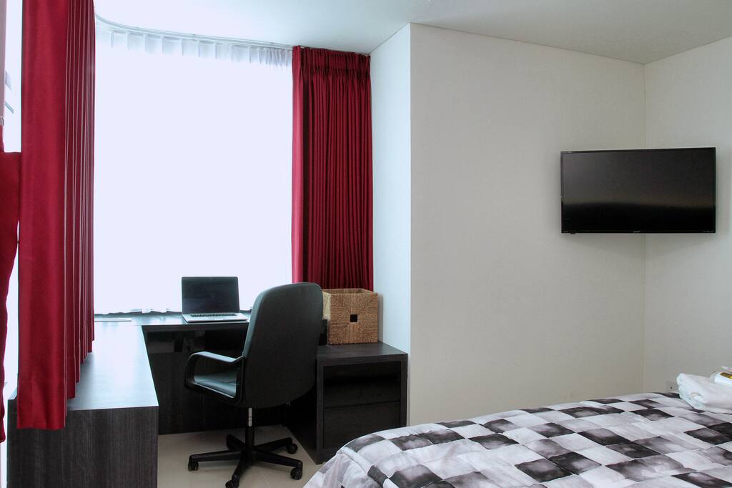 Very spacious desk area looking out to the city