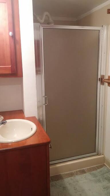 Private bathroom with shower.