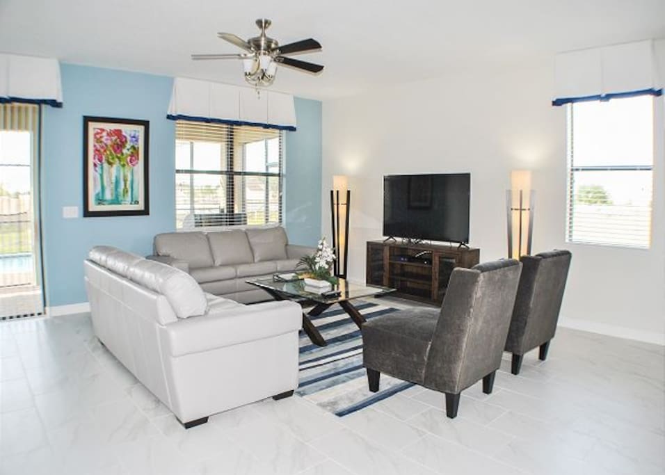Living area with 60" LCD cable TV