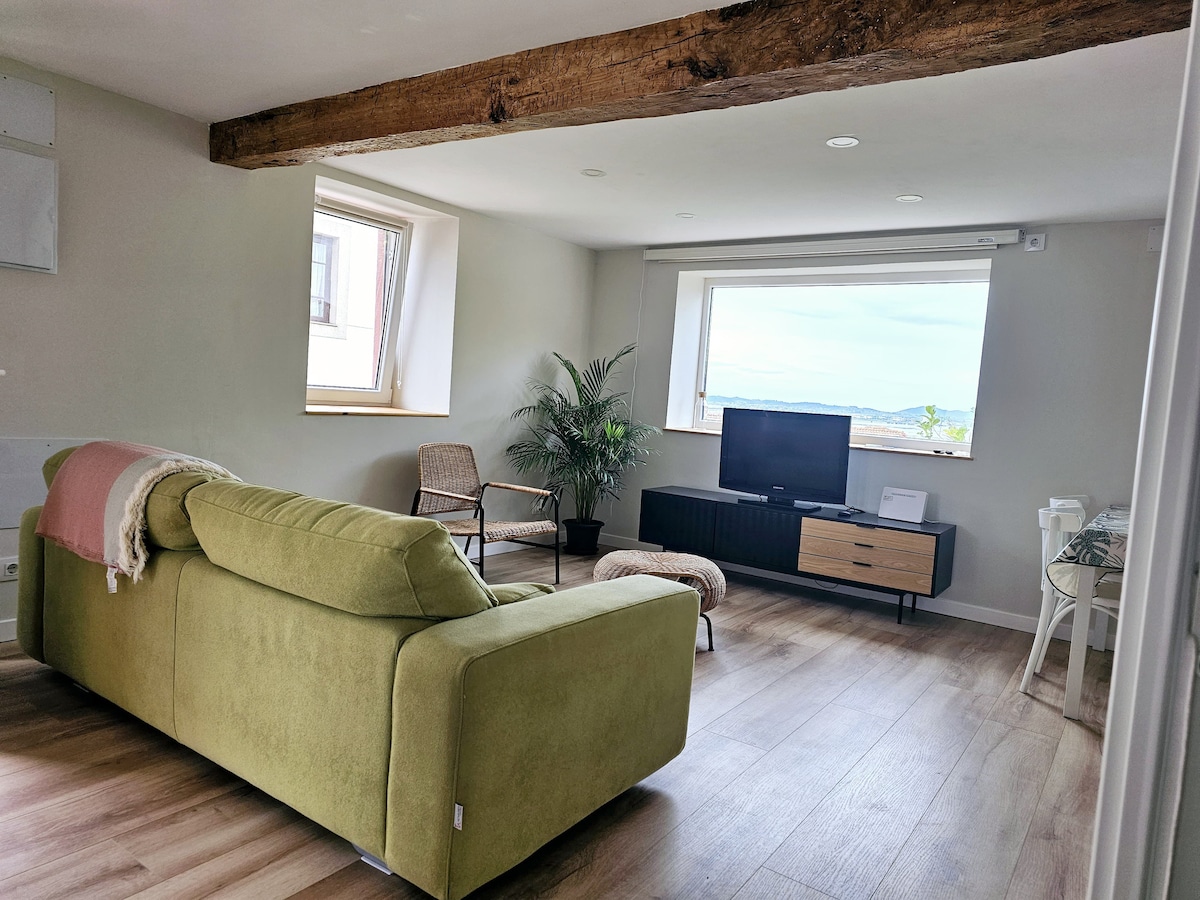 A spacious living area is furnished with a green sofa, a stylish armchair, and a low wooden TV stand. Natural light floods the room through large windows. A potted plant adds a touch of greenery, complementing the wooden beams on the ceiling.