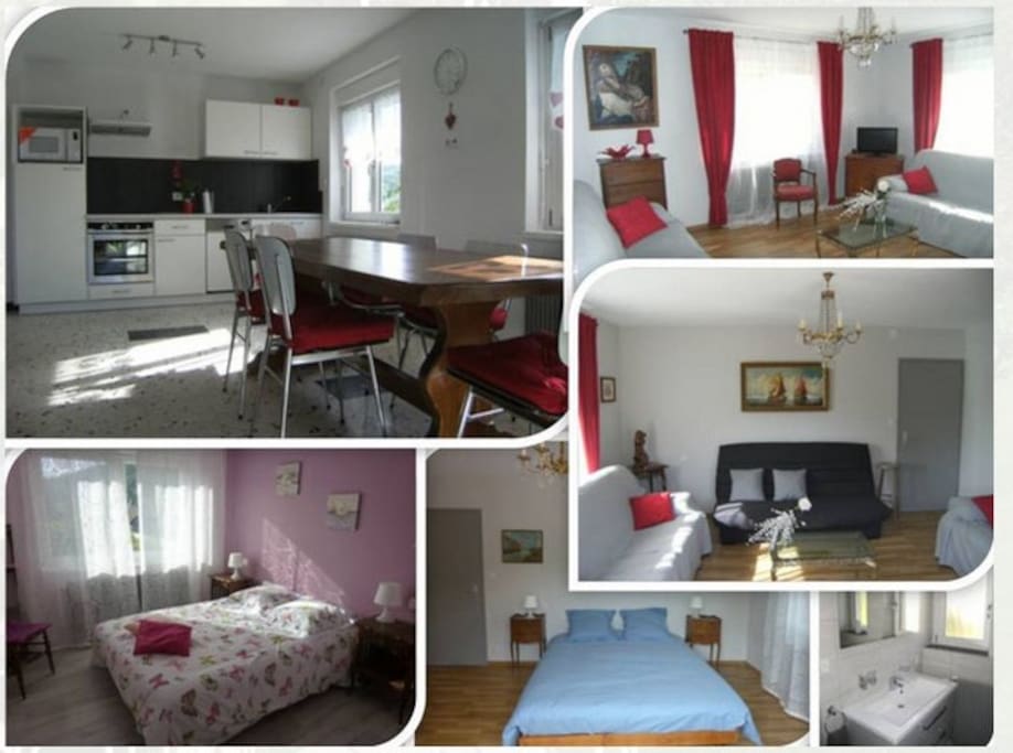 Vue d'ensemble du gîte; une grande cuisine, un salon, 2 chambres, SDB et WC séparés