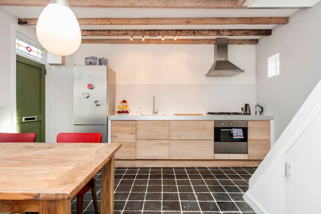 Fully equipped kitchen on street level.
