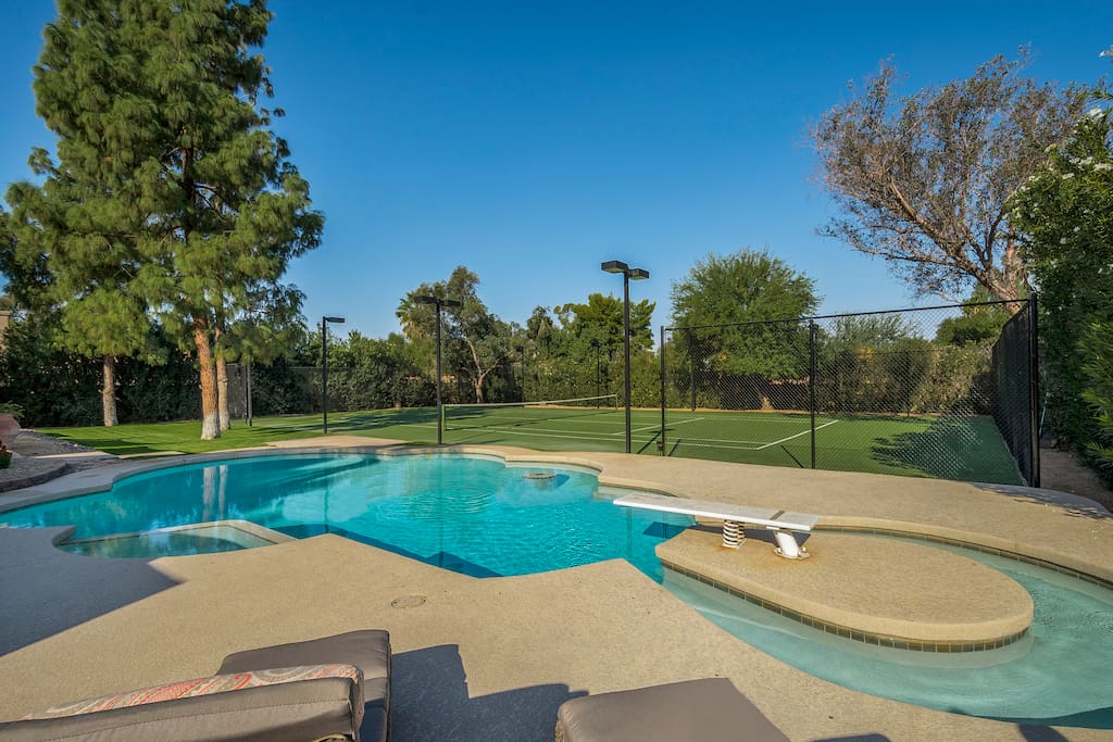 3/4 Quarter Acre Private Backyard with Heated Saltwater Pool & Tennis Court!