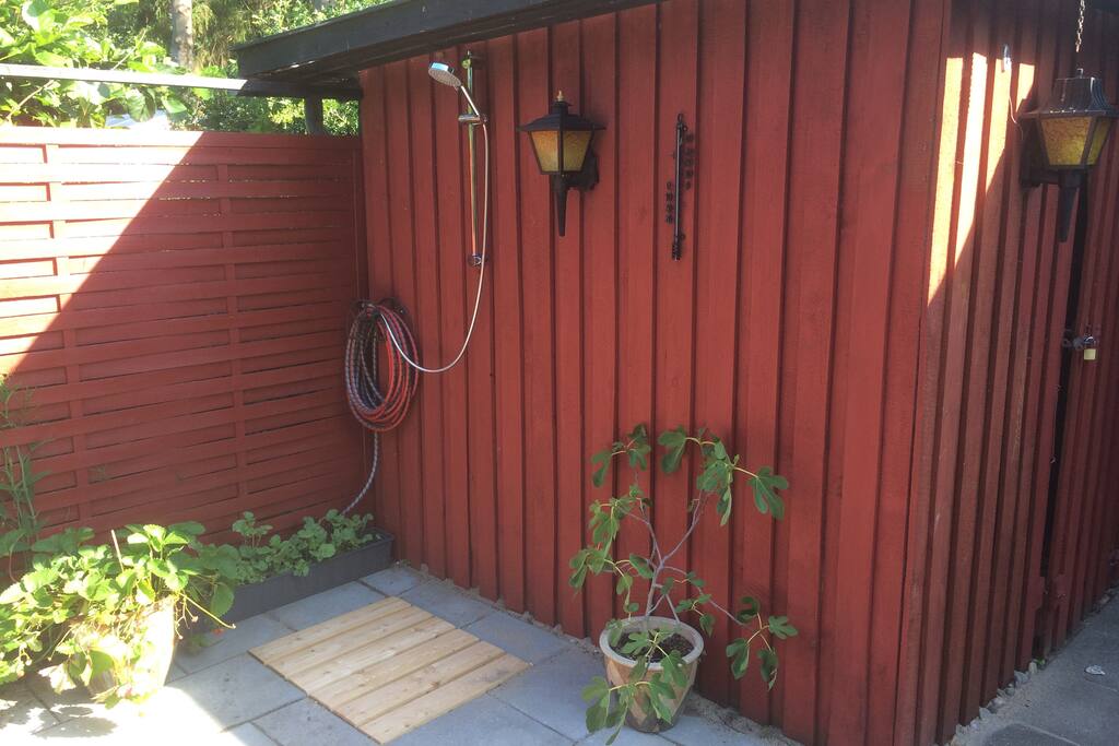 Outdoor shower to rinse of after a trip to the beach