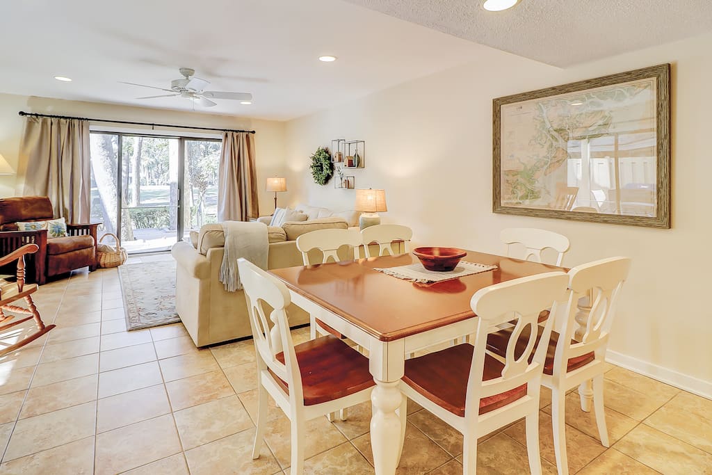 Great for entertaining, the kitchen, dining area, and living room are all open to each other.