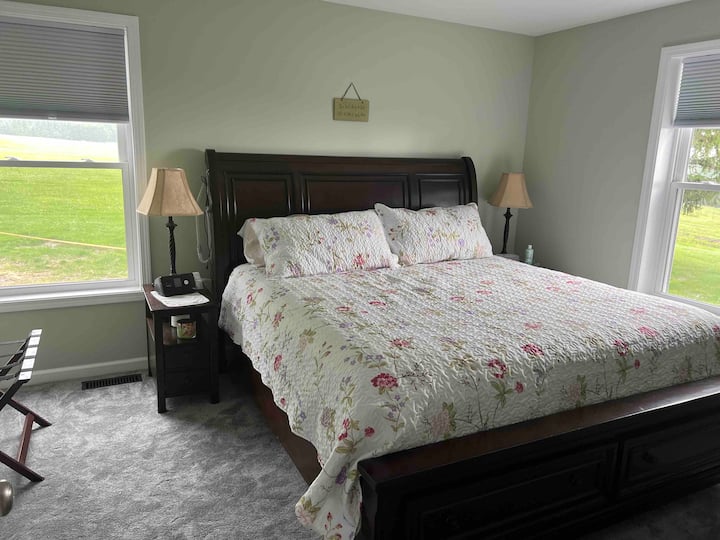 主卧配备加大双人床，全新床单和床罩。 躺在床上可欣赏湖景。 