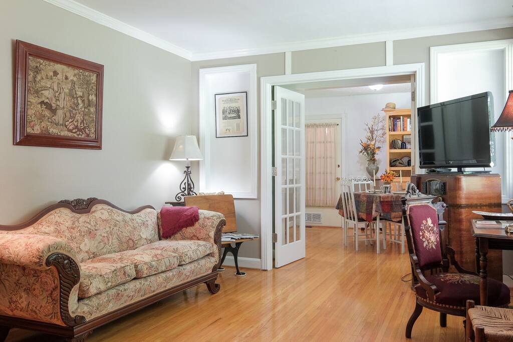 Spacious living area connects to dining area.