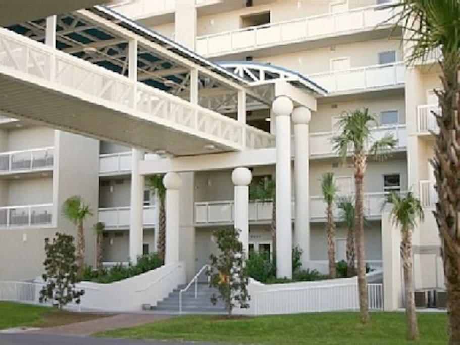 Resort entrance and skywalk to parking garage